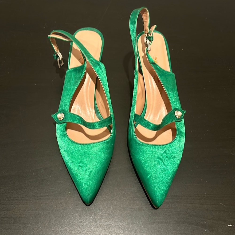 Emerald green satin kitten heels